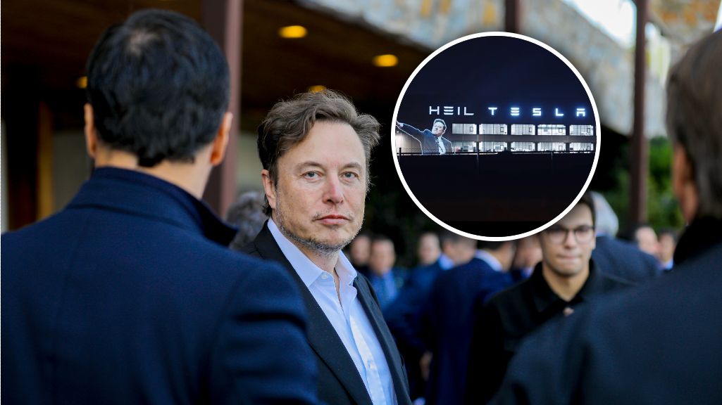 Kontrowersyjny gest Muska wyświetlony na budynku fabryki