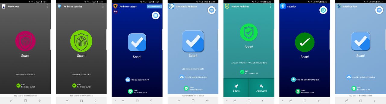Asuizksidev, Bit Inception, Brainiacs, My Android Antivirus, Pro Tool Apps, Sept Max oraz We Make It Appen. Siedem rzekomo różnych antywirusów jest tym samym narzędziem, ale oprawionym w inną skórkę. Źródło: AV-Comparatives