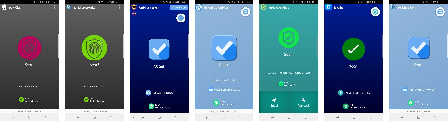 Asuizksidev, Bit Inception, Brainiacs, My Android Antivirus, Pro Tool Apps, Sept Max oraz We Make It Appen. Siedem rzekomo różnych antywirusów jest tym samym narzędziem, ale oprawionym w inną skórkę. Źródło: AV-Comparatives