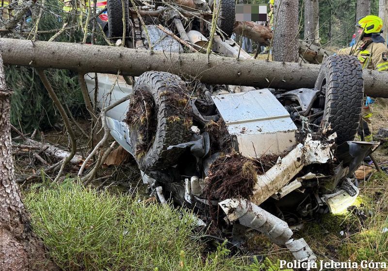 Ściął dwa świerki, auto dachowało