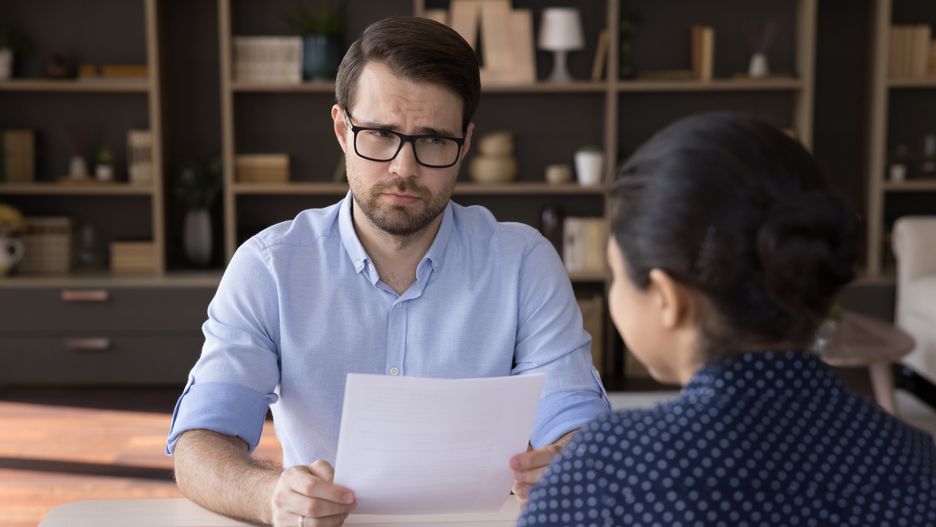 Unskilled job seeker making bad first impression on employer.
Unhappy young male hr manager in eyeglasses holding paper CV resume, feeling unsure about female Indian candidate. Unskilled woman job seeker making bad first impression on employer at office meeting
ambiguity, applicant, business, cheat, conflict, confused, conversation, decide, decision, dilemma, disbelief, dishonest, doubt, employee, employer, eyeglasses, fail, female, first, headhunter, hesitation, hr, human, impression, incompetent, Indian, interview, job, lack, look, male, man, manager, meeting, multiracial, office, propose, resources, skeptic, speaking, staff, suspicious, uncertain, unhappy, unsuccessful, unsure, unwell, woman, work, young, ambiguity, applicant, business, cheat, conflict, confused, conversation, decide, decision, dilemma, disbelief, dishonest, doubt, employee, employer, eyeglasses, fail, female, first, headhunter, hesitation, hr, human, impression, incompetent, indian, interview, job, lack, look, male, man, manager, meeting, multiracial, office, propose, resources, skeptic, speaking, staff, suspicious, uncertain, unhappy, unsuccessful, unsure, unwell, woman, work, young