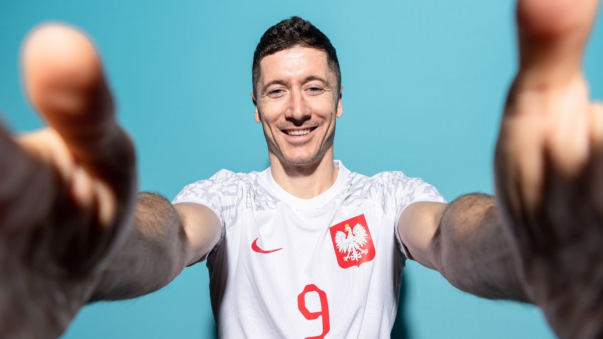 DOHA, QATAR - NOVEMBER 18: Robert Lewandowski of Poland poses during the official FIFA World Cup Qatar 2022 portrait session on November 18, 2022 in Doha, Qatar. (Photo by Dan Mullan - FIFA/FIFA via Getty Images)