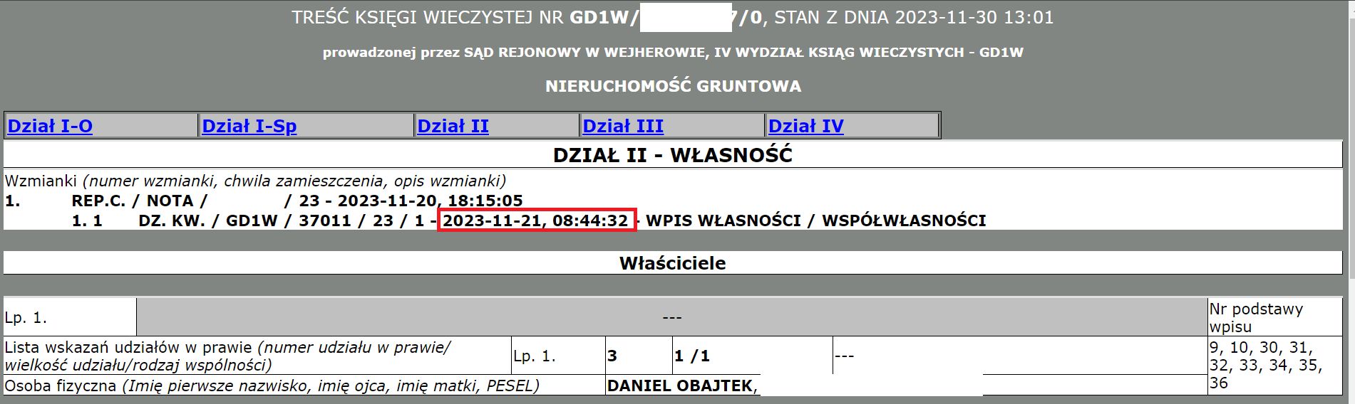 Fragment księgi wieczystej nieruchomości Daniela Obajtka.