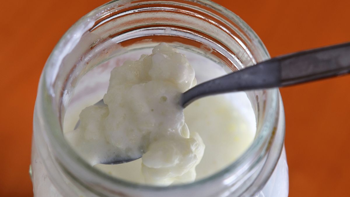 A teaspoon stirs the kefir and raises some granules in a close-up shot
A teaspoon stirs the kefir and raises some granules in a close-up shot. It is ready to be worked with a sieve by separating the fermented milk from the granules.
Massimo Parisi