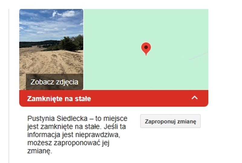 Informacja z Google, że Pustynia Siedlecka jest zamknięta