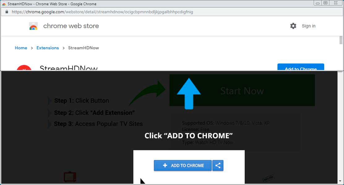 Instalacja szkodliwego dodatku zgodnie z założeniem Google'a uruchamia oficjalny Chrome Web Store, ale sprytnie manipuluje rozmiarem nowego okna zachęcając do instalacji bez przeczytania faktycznego opisu rozszerzenia. Źródło: Bleeping Computer.