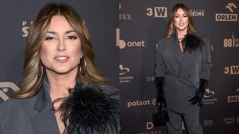 Gala Mistrzów Sportu: Karolina Szostak z pierzastym dodatkiem BRYLUJE w welurowych rękawiczkach i... SANDAŁKACH (FOTO)