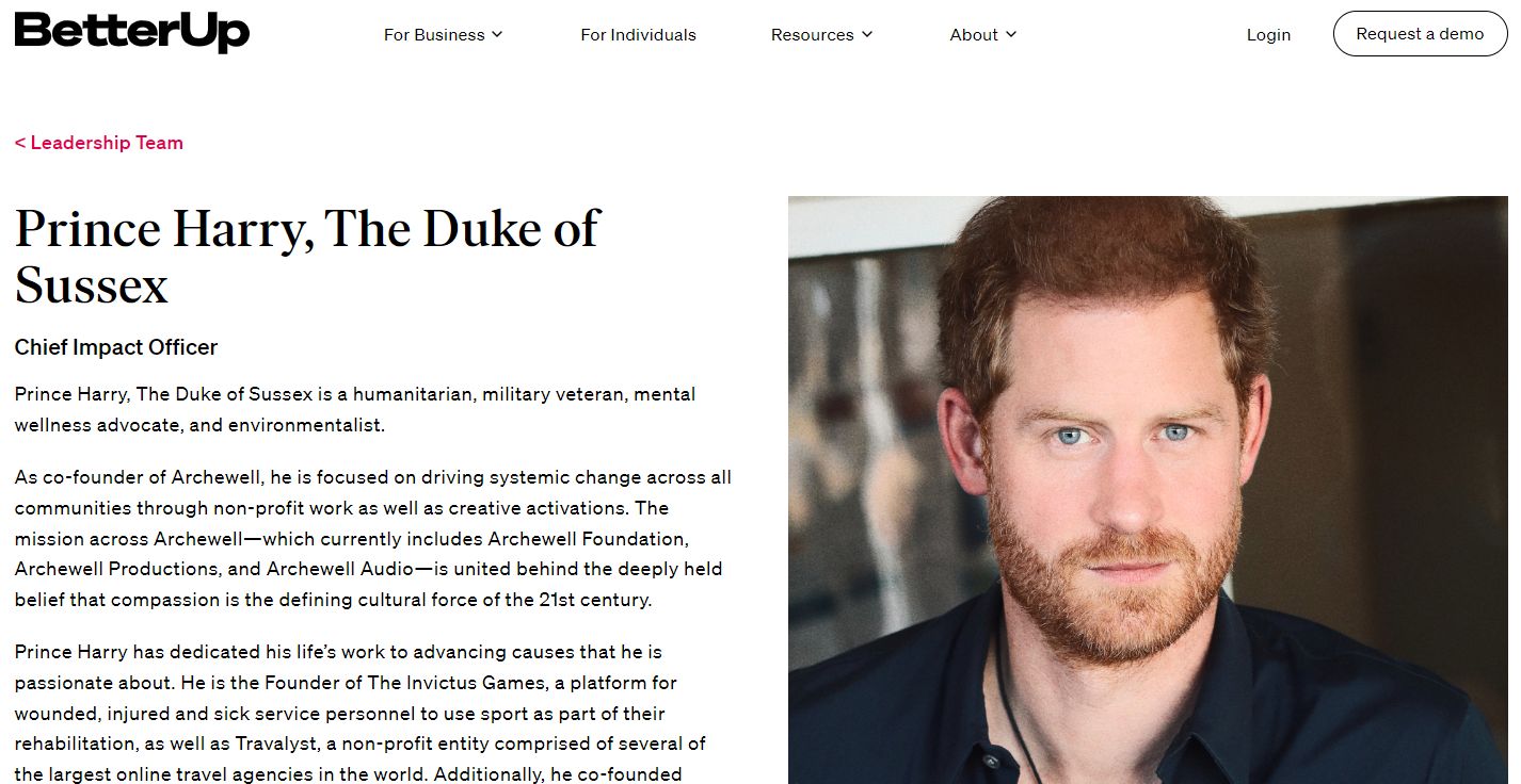 Zdjęcie księcia Harry'ego na stronie BetterUp