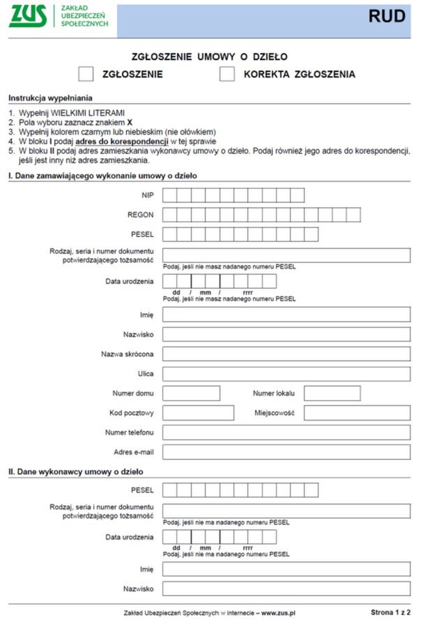 Formularz RUD - rejestracja umowy o dzieło