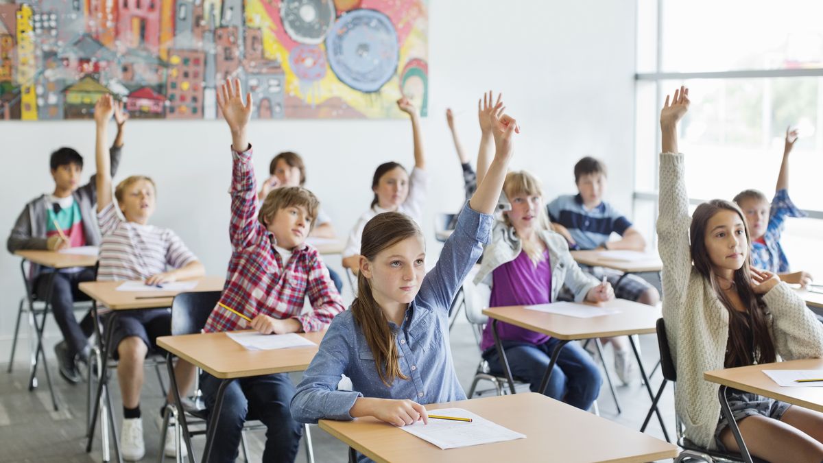 Students with arms raised in classroomCompassionate Eye Foundation/Roblearning, childhood, concentration, intelligence, friendship