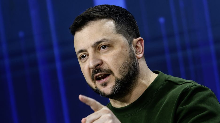 Ukrainian President Volodymyr Zelenskiy is attending the Ukraine. Year 2024 forum while Russia continues its attack on Ukraine, in Kyiv, Ukraine, on February 25, 2024. (Photo by Maxym Marusenko/NurPhoto via Getty Images)