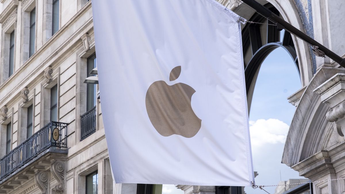Apple logo on a flag outside the flagship Apple Store on Regent Street as the company has just celebrated it's 50th anniversary on 5th April 2026 in London, United Kingdom. Apple Inc. is an American multinational technology company that specializes in consumer electronics, software and online services. (photo by Mike Kemp/In Pictures via Getty Images)