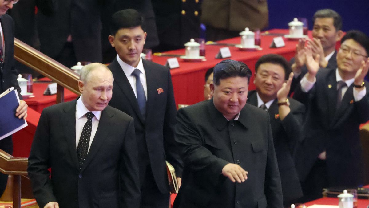 PYONGYANG, NORTH KOREA- JUNE 19 (RUSSIA OUT) Russia's President Vladimir Putin (L) and North Korean Supreme Leader Kim Jong Un (R) leave the concert after Russian-North Korean talks,  June 19, 2024, in Pyongyang, North Korea. Russian President Vladimir Putin is in North Korea for a two-day diplomatic visit. (Photo by Contributor/Getty Images)