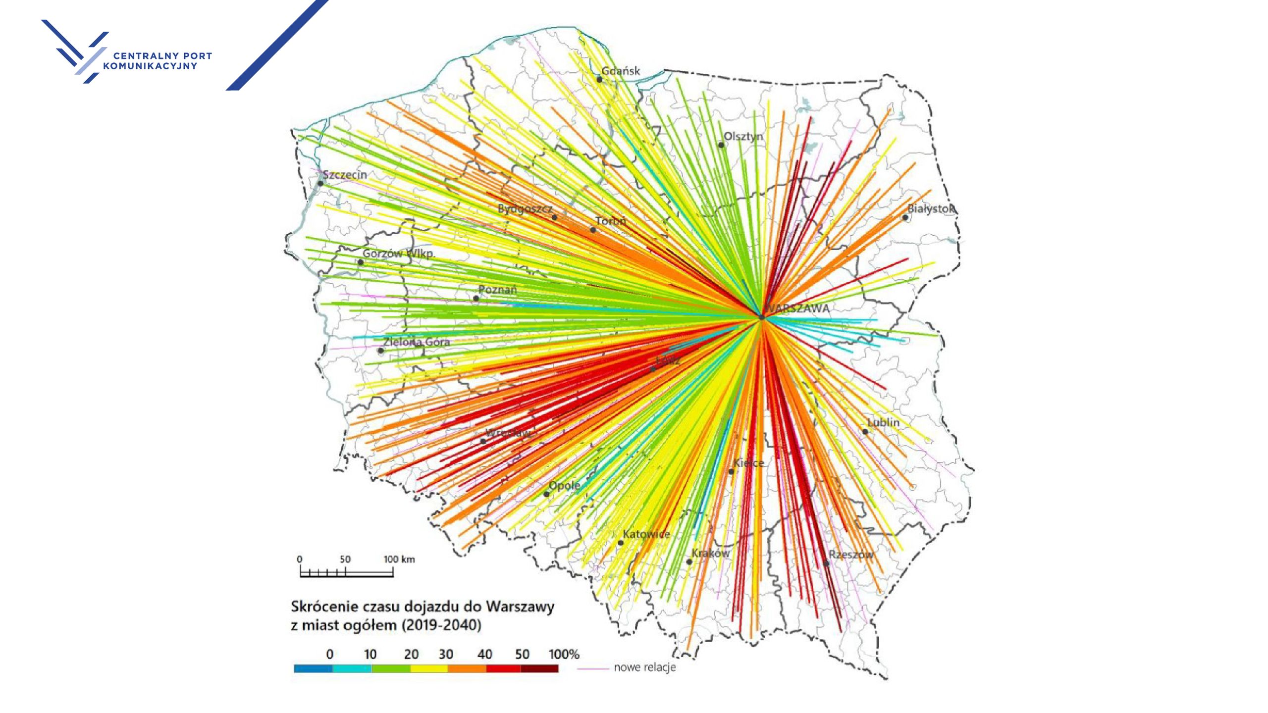 Skrócenie dojazdu z polskich miast do Warszawy do 2040 roku. 