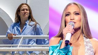 Pozbawiona makijażu Jennifer Lopez wpatruje się w przestrzeń na hotelowym balkonie w Hiszpanii