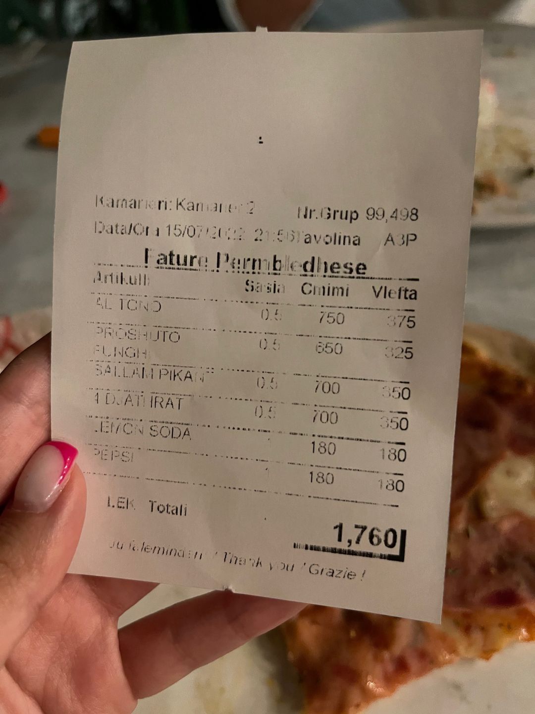 Paragon za pizze i napoje 