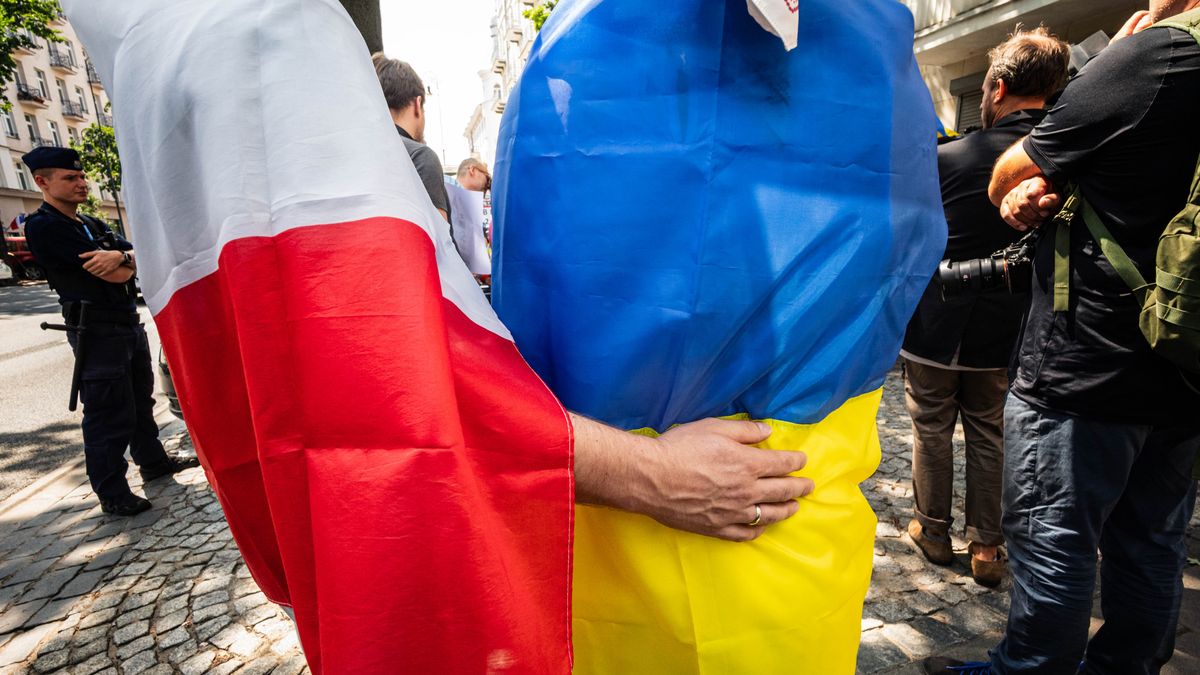 A couple stand together at the protest wearing Polish and
WARSAW, MAZOVIA, POLAND - 2026/07/19: A couple stand together at the protest wearing Polish and Ukrainian flags during the demonstration. On the afternoon of Sunday the 19th of July, Ukrainians and pro-Ukrainian Poles gathered at the Ukrainian embassy in support of Ukrainian refugees who have recently been the subject of increased hateful rhetoric both in public and in political circles. (Photo by Neil Milton/SOPA Images/LightRocket via Getty Images)
SOPA Images
protester, pro-ukrainian, demonstration, ukrainian embassy, protesters, rally, anti-hate, ukraine flag, demo, couple, russia-ukraine war, demonstrator