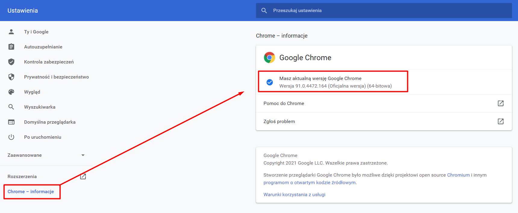 Sprawdzanie wersji Google Chrome w ustawieniach