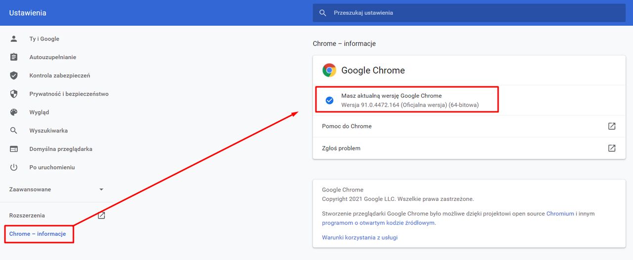 Sprawdzanie wersji Google Chrome w ustawieniach