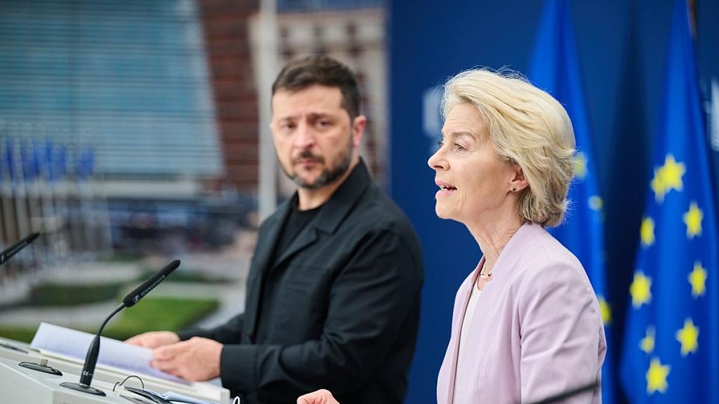 Volodymyr Zelenskyy-Ursula von der Leyen meeting in Brussels
BRUSSELS, BELGIUM - AUGUST 17: (----EDITORIAL USE ONLY - MANDATORY CREDIT - 'EUROPEAN UNION COMMISSION / POOL' - NO MARKETING NO ADVERTISING CAMPAIGNS - DISTRIBUTED AS A SERVICE TO CLIENTS----) Ukrainian President Volodymyr Zelenskyy and European Commission President Ursula von der Leyen hold a joint press conference in Brussels, Belgium on August 17, 2025. (Photo by EU Commission/Anadolu via Getty Images)
Anadolu
conference, press
