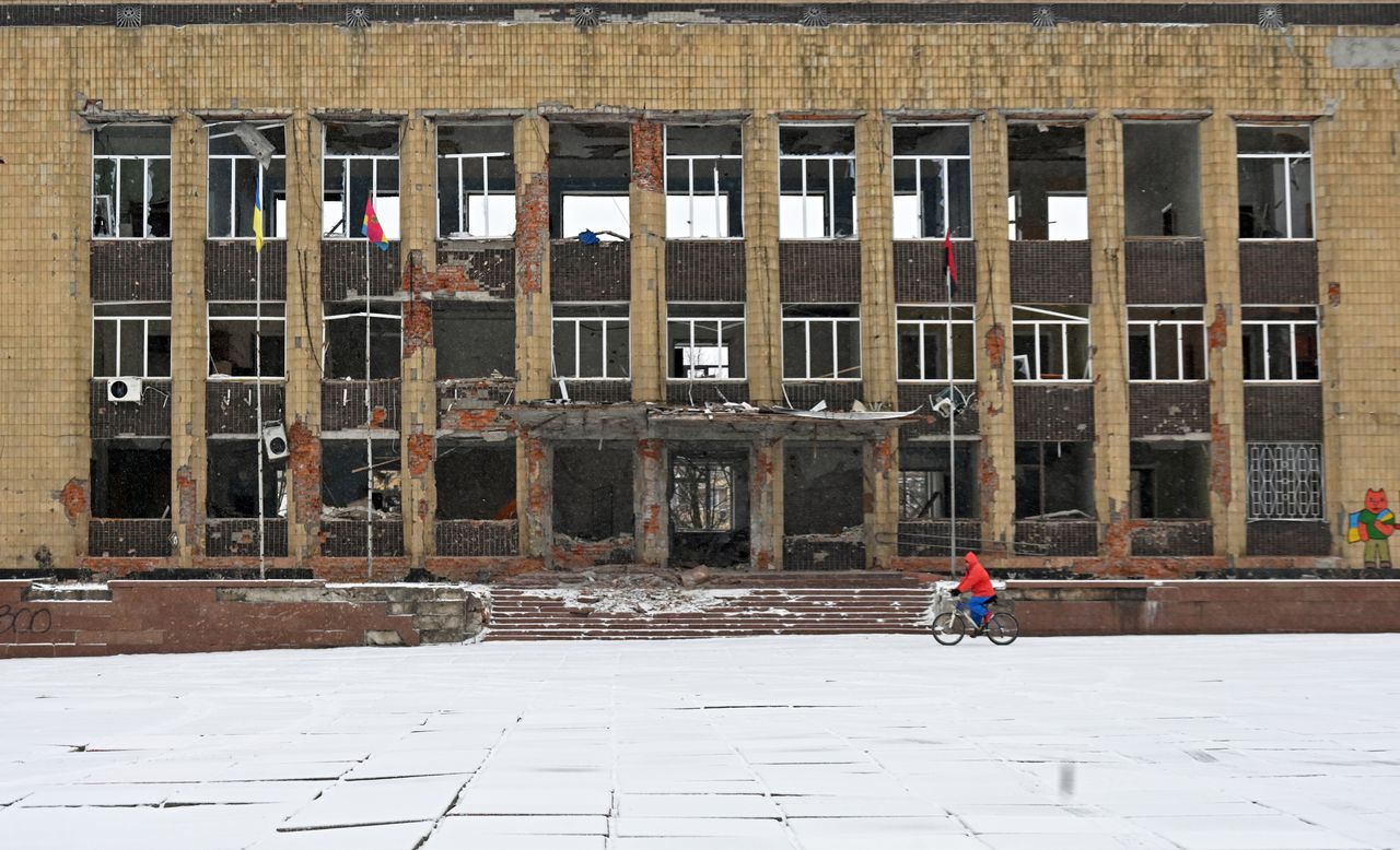 KHARKIV REGION, UKRAINE  FEBRUARY 18: A view of destroyed Kupyansk city administration following the Russian airstrike on Feb. 17 on the city of Kupiansk, Kharkiv region, Ukraine on February 18, 2024. After the Russian conducted two series of strikes and fired about 20 bombs, 2 people were killed and 5 people were injured as 4 of them were rescued from the rubble. (Photo by Stringer/Anadolu via Getty Images)