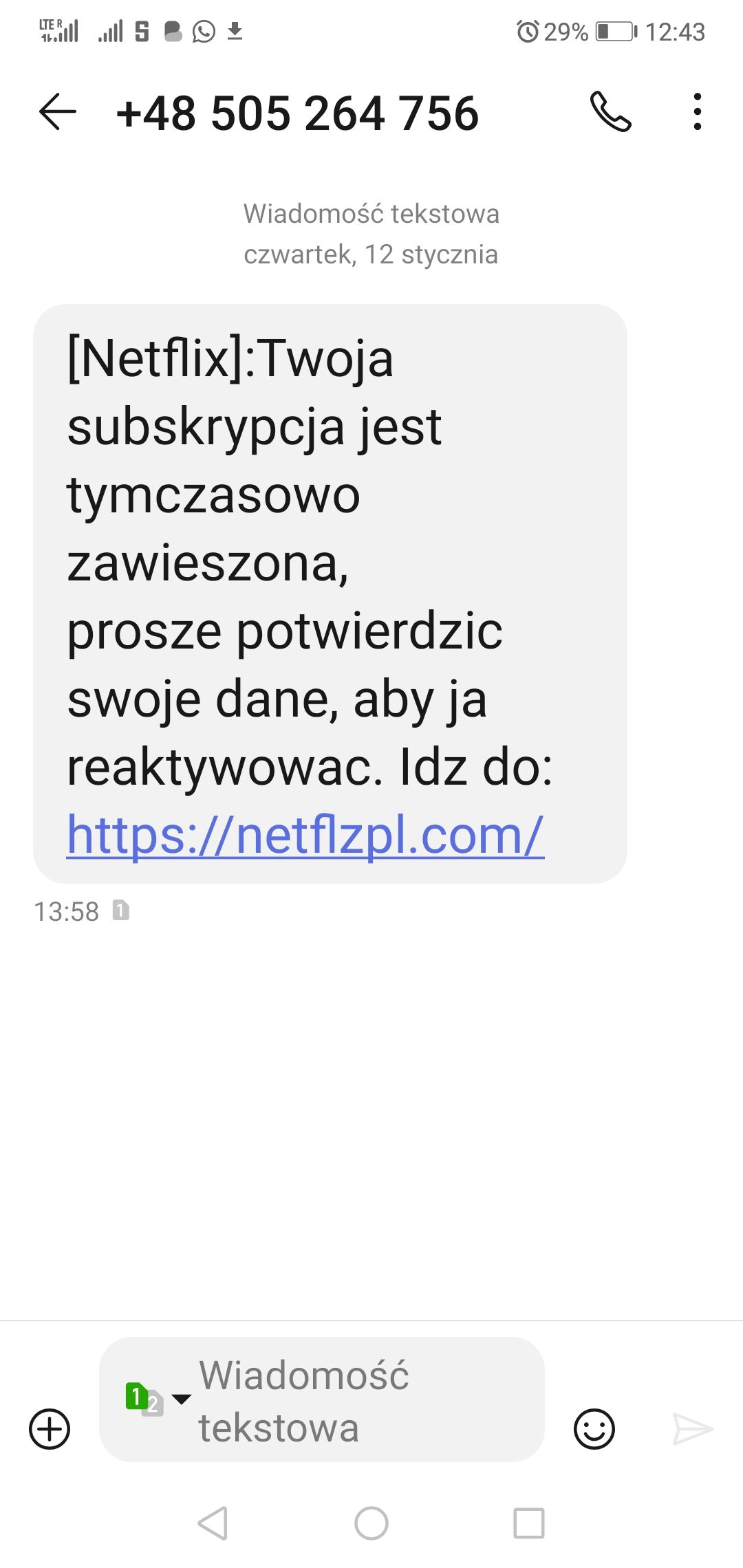 Przykładowa, fałszywa wiadomość SMS o Netfliksie