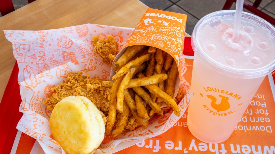 AUSTIN, TEXAS - MAY 08: In this photo illustration, a Popeyes meal is seen on May 08, 2025 in Austin, Texas. Restaurant Brands International fell short of analysts expectations after first-quarter earnings and revenue were reported earlier today. Same-store sales fell at Popeyes, Burger King and Tim Hortons at the close of the first quarter.  (Photo by Brandon Bell/Getty Images)
