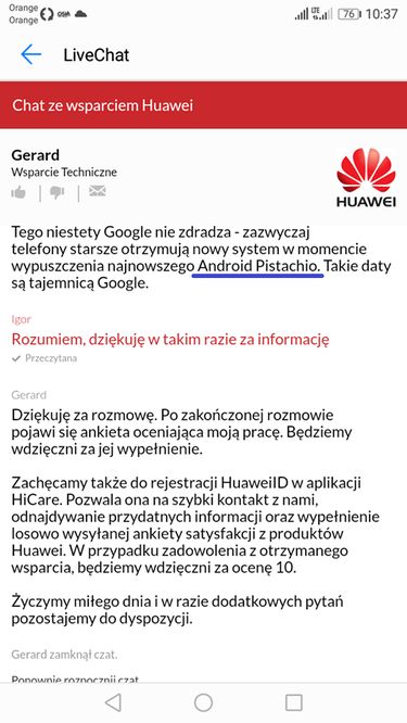 Fragment rozmowy ze Wsparciem Technicznym Huawei, źródło: android.com.pl.