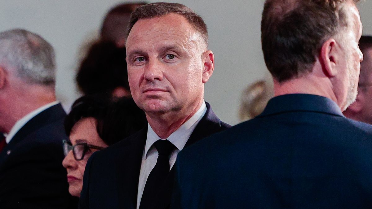 Andrzej Duda  during the 40th anniversary of the Lubin massacre, in Lubin, Poland, on August 31, 2022. (Photo by Krzysztof Zatycki/NurPhoto via Getty Images)
