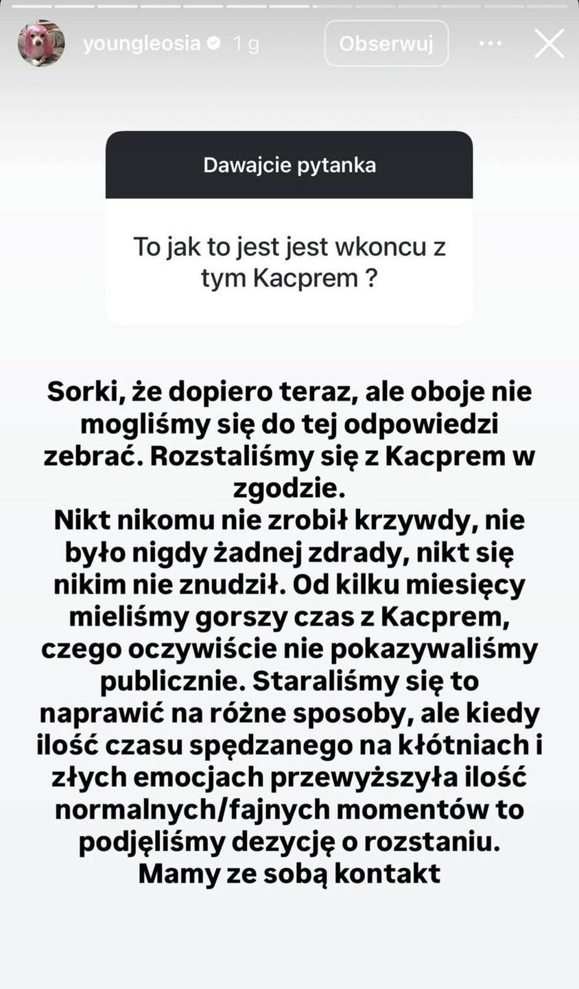 Young Leosia potwierdza rozstanie z Kacprem Błońskim 