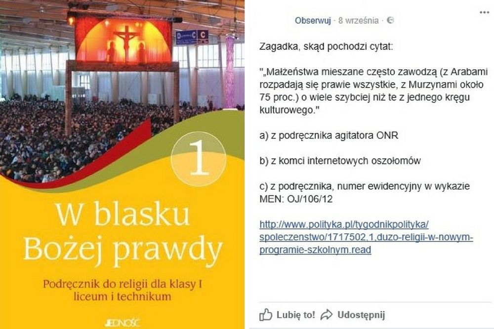 Twierdzenia w podręczniku do religii zbulwersowały rodziców