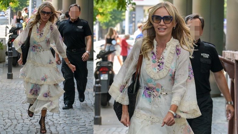 Agnieszka Woźniak-Starak w falbanach przeskakuje ogrodzenie w drodze do swego turkusowego Jeepa (ZDJĘCIA)