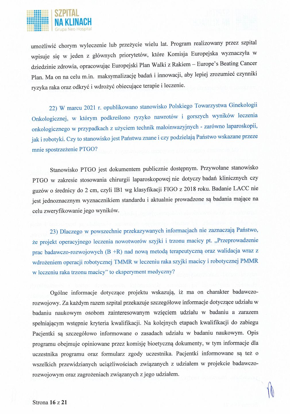 Odpowiedź Szpitala na Klinach na pytania Wirtualnej Polski