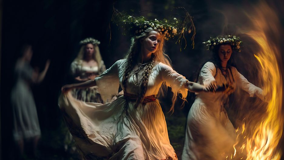 campfire, slavic, kupala, night, woman, dance, dancing, bonfire, forest, midsummer, solstice, summer, girl, wreath, pagan, flowers, nature, fire, light, dark, mating, lifestyle, holidays, dress, beautiful, freedom, season, romantic, ritual, traditional, aesthetic, outdoor, rustic, divination, ceremony, lover, female, ligo, polish, poland, illustration, generative, ai, celebration, youth, happy, happiness, folklore