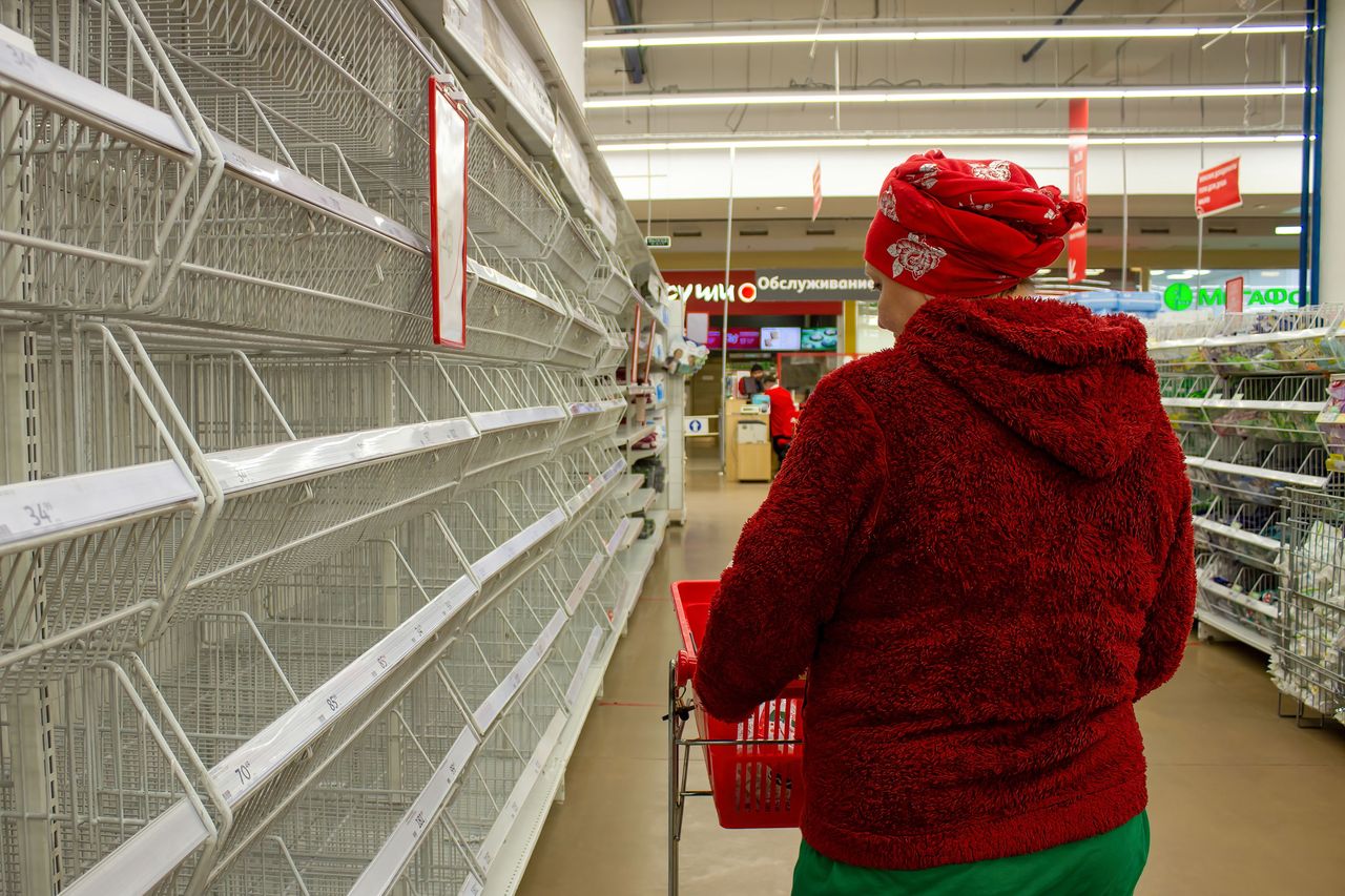 Empty shelves with sugar in a shop in Moscow in March 2022.