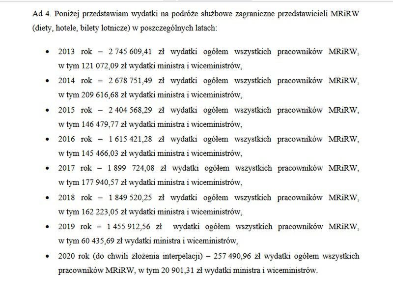 Wydatki resortu rolnictwa 2013-2020 na zagraniczne podróże służbowe