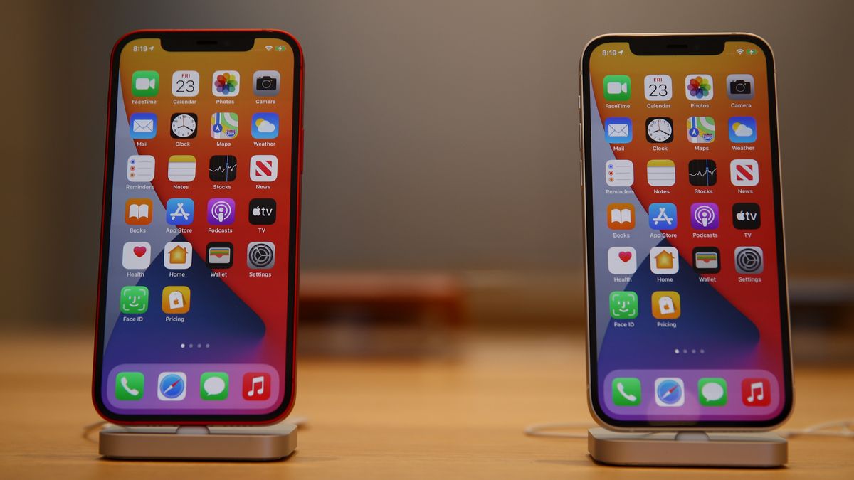 SYDNEY, AUSTRALIA - OCTOBER 23: iPhone 12  product is seen displayed  inside the George St Apple Store on October 23, 2020 in Sydney, Australia. The iPhone 12 features the A14 Bionic chip CPU, 6.1 inch OLED display, 5G connectivity and an advanced dual-camera system. The iPhone 12 Pro has a 6.1 inch OLED Super Retina XDR display and features triple rear cameras including an Ultra Wide camera and a telephoto camera along with the A14 Bionic chip CPU and 5G connectivity. (Photo by Don Arnold/WireImage)