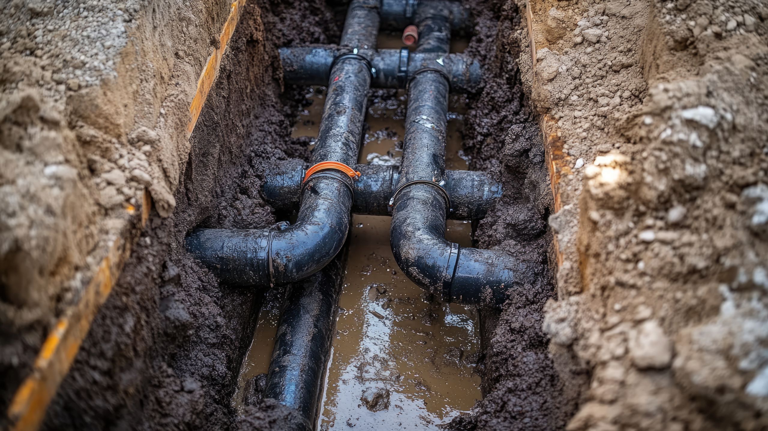 pipe, pipes, underground, trench, installation, water, sewer, system, plumbing, construction, repair, maintenance, dark, black, plastic, pvc, fitting, joints, mud, dirt, soil, ground, earth, brown, grey, wet, damp, texture, detail, close-up, outdoor, work, project, engineering, infrastructure, urban, industrial, industry, heavy, machinery, equipment, pipes in the ground, drainage, utility