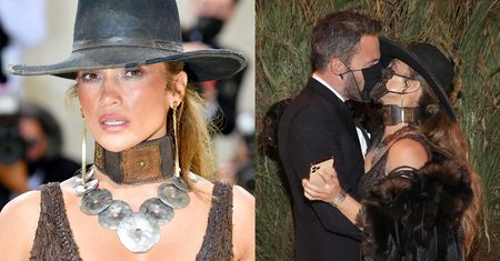 Gala MET 2021. "Kowbojka" Jennifer Lopez u boku Bena Afflecka eksponuje swoje "walory" w brązowej sukni Ralpha Laurena  (ZDJĘCIA)