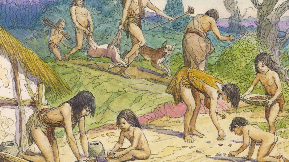 Rysunek przedstawiający dzienną rutynę prehistorycznego społeczeństwa