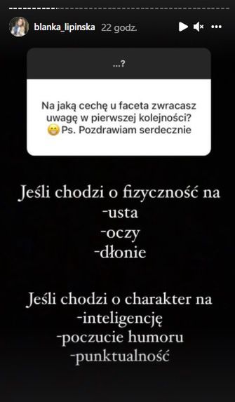 Relacja Blanki Lipińskiej na Instagramie