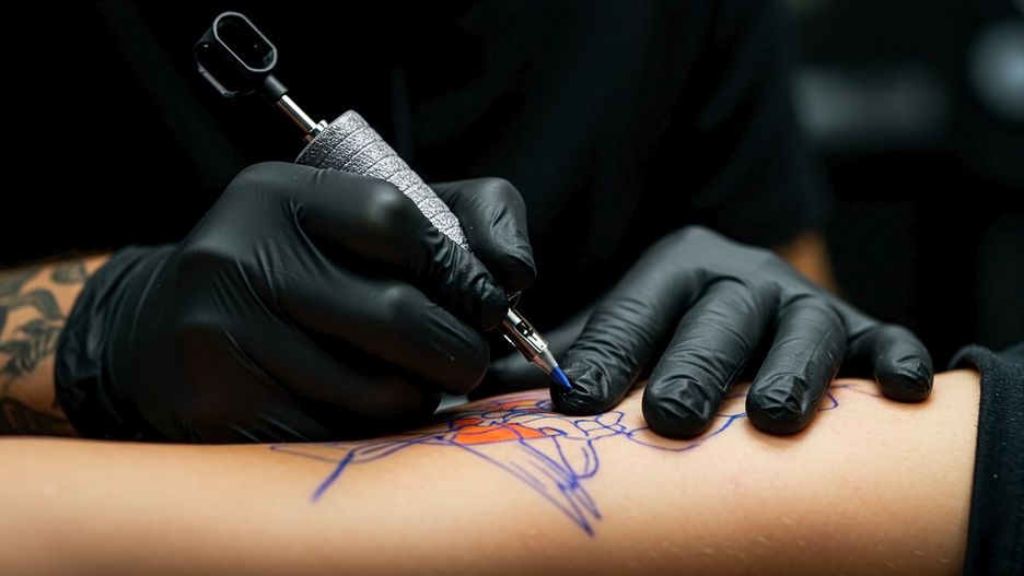tattoo artist, tattooing, close up, ink, tattoo machine, black gloves, arm tattoo, skin art, tattoo process, colored tattoo, modern tattooing, professional tattooist, tattoo parlor, body art, needlework, ink design, permanent ink, tattoo session, electric tattoo machine, tattoo work, custom tattoo, vibrant colors, detailed tattoo, hand tattoo, gloved hands, tattoo culture, creative tattoo, blue ink, orange ink, stencil design, skin close up, tattoo outline, inking session, tattoo equipment, precision tattooing, inked arm, contemporary tattoo, realistic tattoo, artistic expression, tattoo studio, human skin, hygiene tattoo, tattoo experience, tattoo creation, needle precision, dark background, focused shot