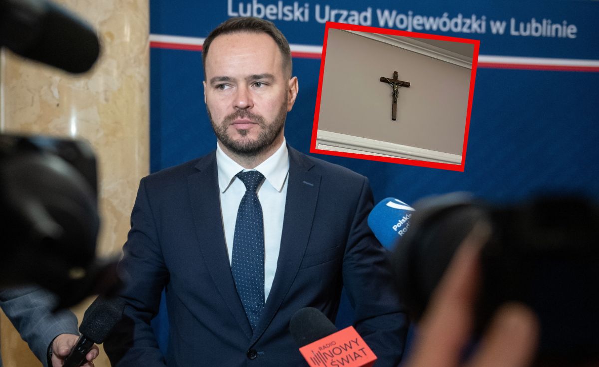 Wojewoda lubelski Krzysztof Komorski pokazał nawet na zdjęciu krzyż ze swojego gabinetu