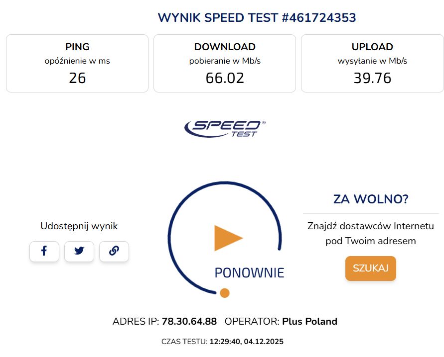 Speedtest.pl z wykorzystaniem ZTE MF17B