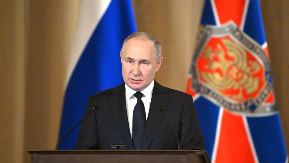 MOSCOW, RUSSIA - MARCH 19: (----EDITORIAL USE ONLY - MANDATORY CREDIT - 'KREMLIN/RIA NOVOSTI / HANDOUT' - NO MARKETING NO ADVERTISING CAMPAIGNS) Russian President Vladimir Putin makes a speech during an expanded meeting of the board of directors of the Federal Security Service in Moscow, Russia on March 19, 2024. (Photo by Kremlin/Ria Novosti/Anadolu via Getty Images)