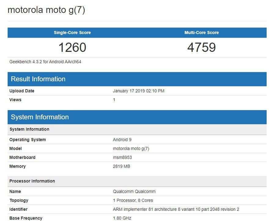 Motorola Moto G7 (Play) w bazie Geekbench