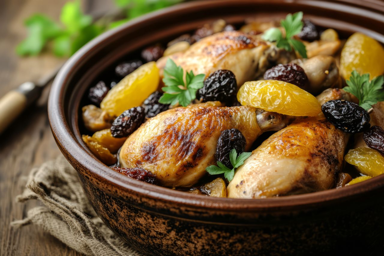 Dried fruits go perfectly with chicken.