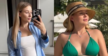 Andziaks pozdrawia z basenu w Dubaju w kusym bikini i chwali się ciążowym brzuszkiem