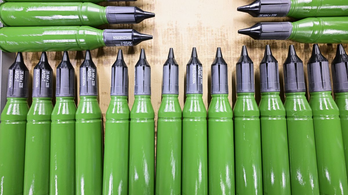 UELZEN, GERMANY - FEBRUARY 12: Ammunition is seen at a production line as German Chancellor Olaf Scholz and Defence Minister Boris Pistorius attend the groundbreaking ceremony for a new munitions factory of German defence contractor Rheinmetall on February 12, 2024 in Unterluess, Germany. The war in Ukraine has been a boon to Rheinmetall as Germany seeks to provide Ukraine with munitions, including artillery shells, and also increase its own supply. (Photo by Fabian Bimmer - Pool/Getty Images)