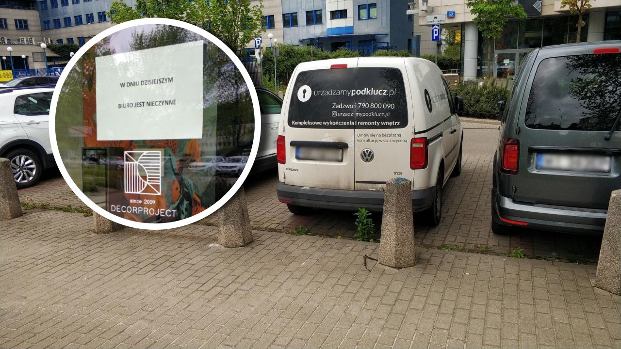 Samochód z logotypem "urządzamypodklucz.pl" i kartka na drzwiach biura z napisem "w dniu dzisiejszym biuro nieczynne"